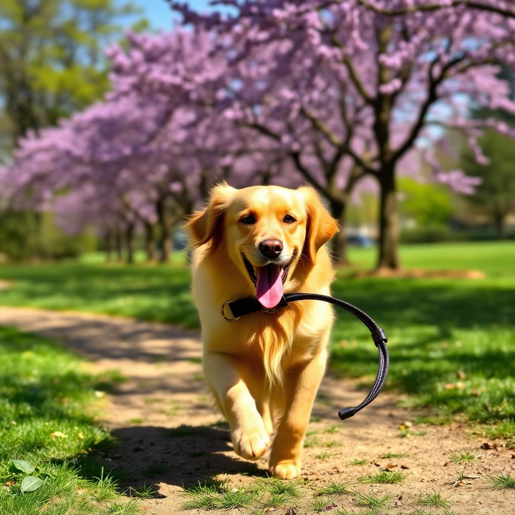 Zlatý retriever beží v parku s vodítkom v papuli